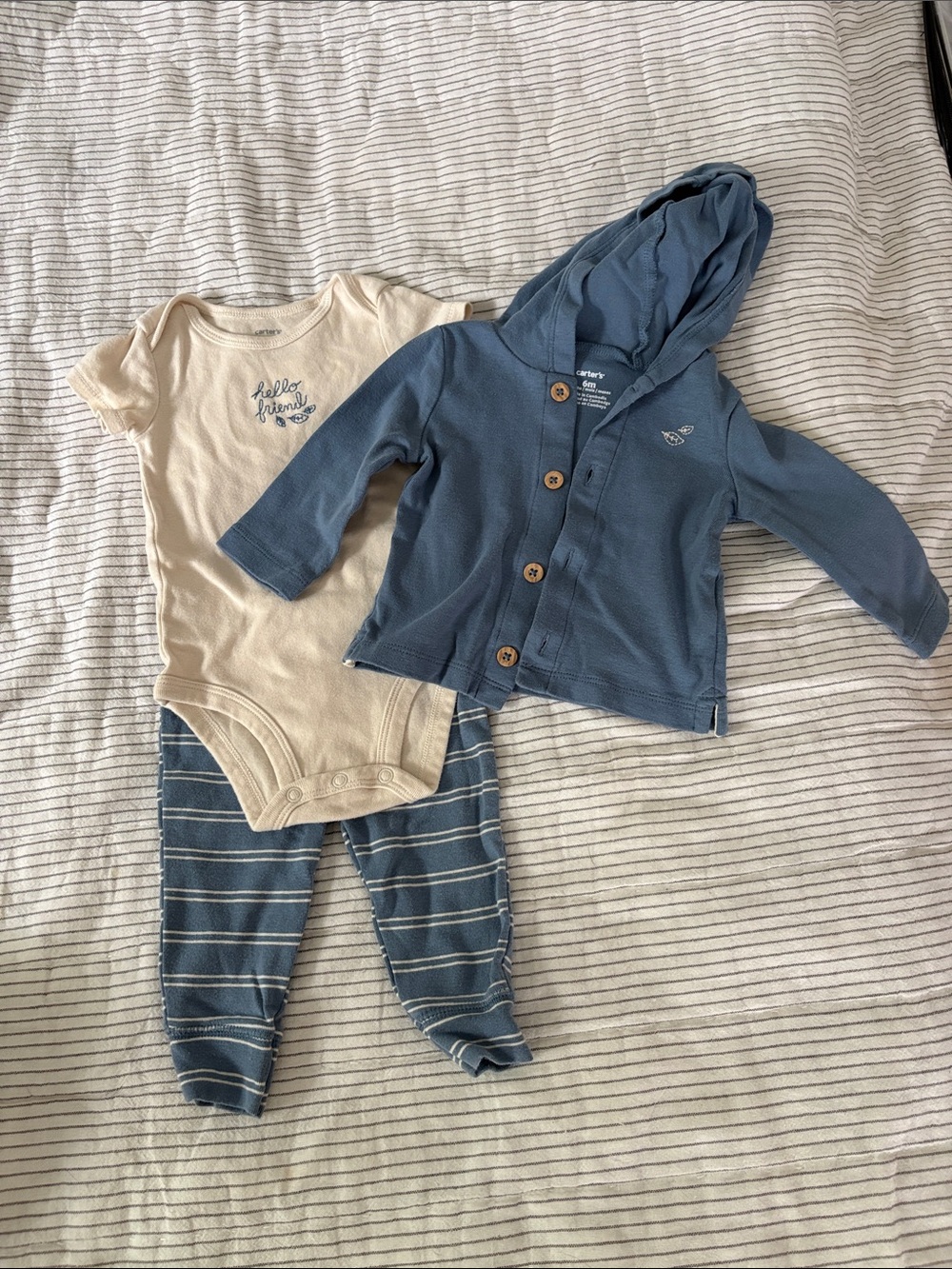 Carter's Blue Hooded Cardigan with Cream Bodysuit and Blue Striped Pants